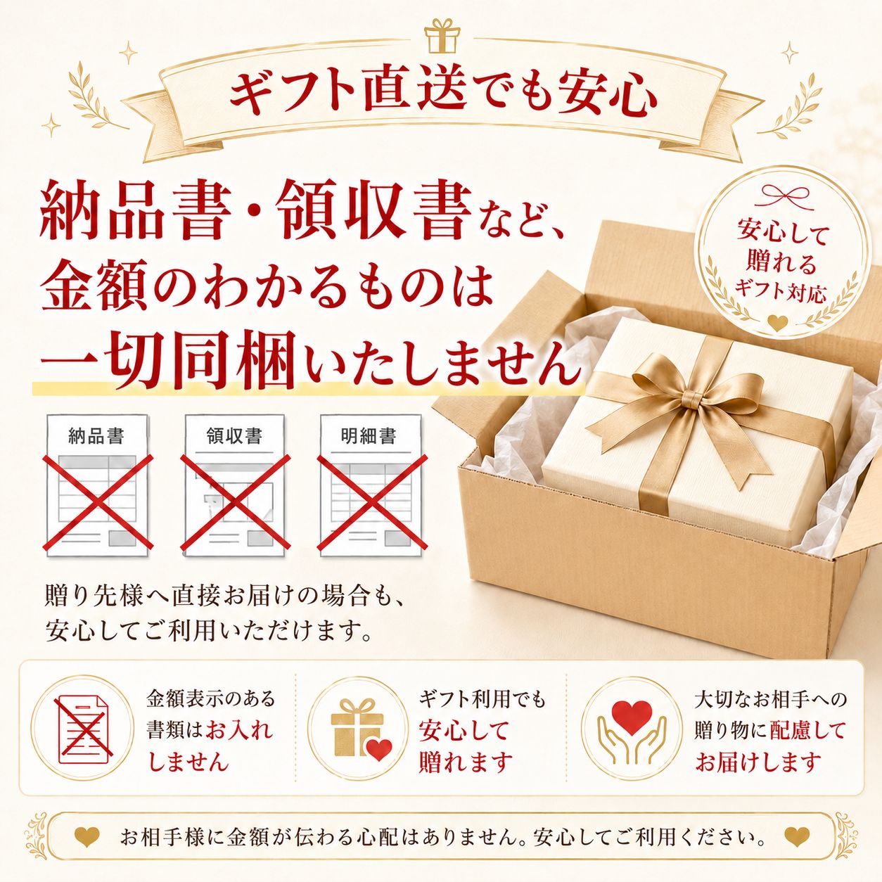 金額のわかる納品書や明細書は一切同梱いたしません