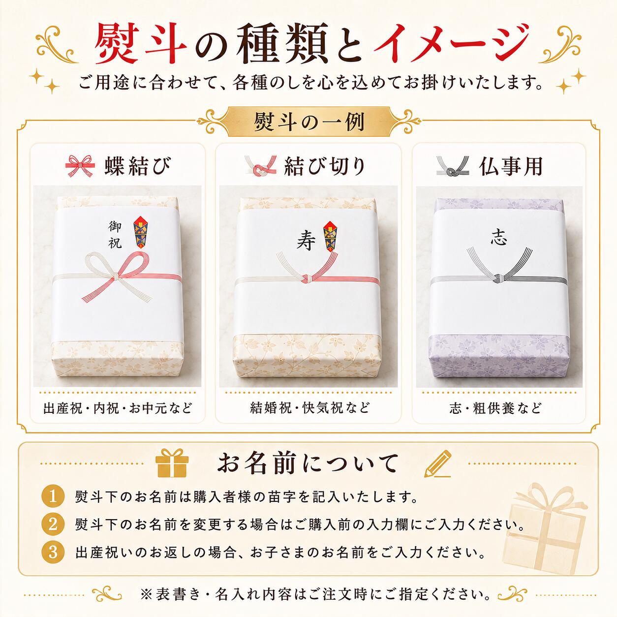 蝶結びや結び切りなど各種熨斗（のし）の一覧と熨斗掛けイメージ